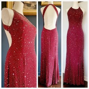 SCALA Long Red Beaded 100% Silk‎ Formal Evening Ball Gown Prom Dress Black Tie
